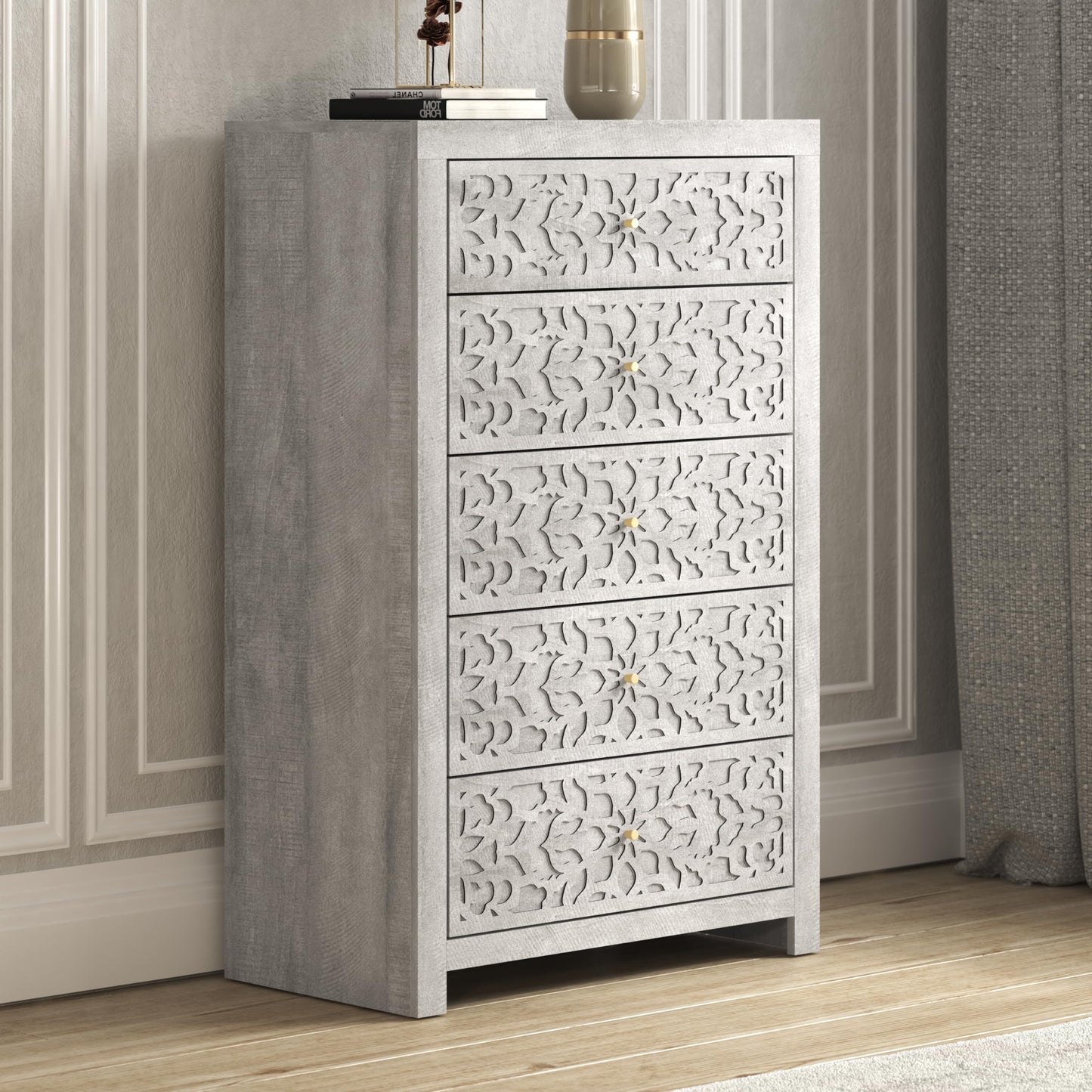 Galano Avaro 5 Drawer Dresser Wood Storage Chest of Drawers for Bedroom Tall Furniture with Modern Laser Cut Design 16.06" D x 29.61" W x 45.12" H Dusty Grey Oak