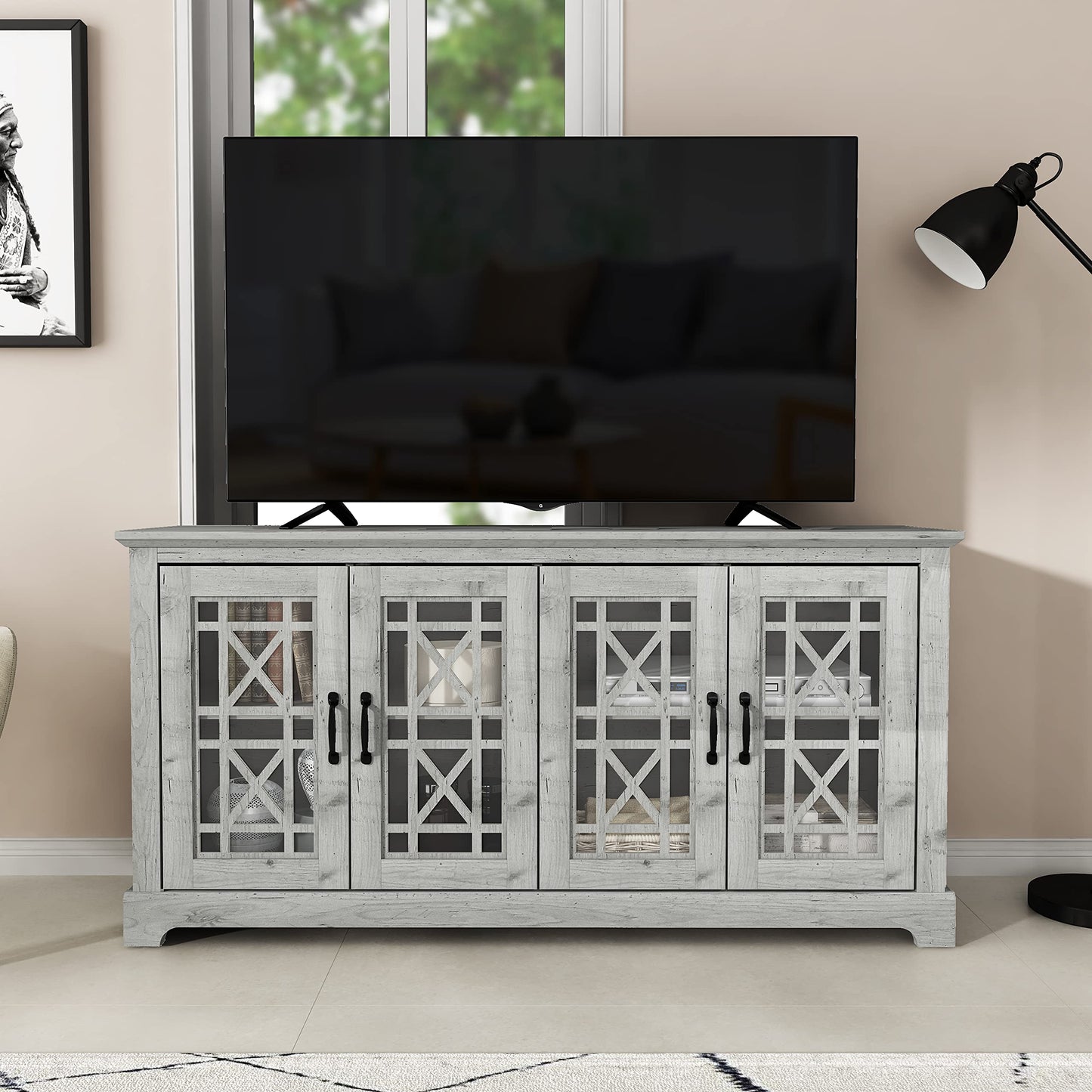 Galano Isadora TV Stand for 65+ Inch TV, Tall Entertainment Center, Modern Media TV Console with Transparent Door, Adjustable Shelves, Rustic Television Stand, Mexican Grey