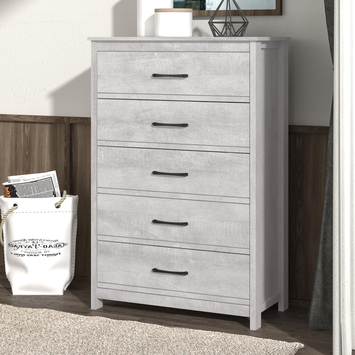 Galano Kellie 5 Drawer Dresser Wide Dressers for Bedroom 6 Deep Drawers for Closet Organizer Tool-Less Ultra Fast Assembly with Interlock Drawer Feature Dusty Grey Oak