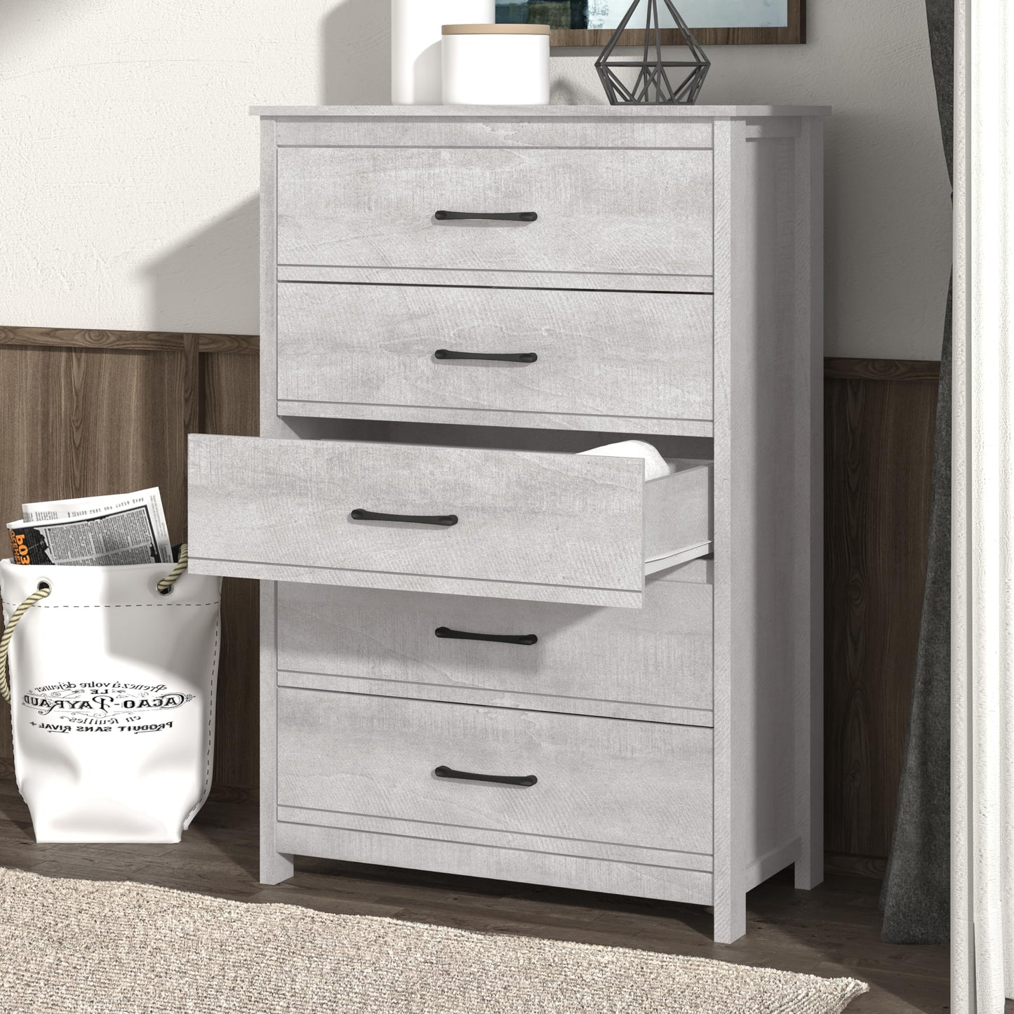 Galano Kellie 5 Drawer Dresser Wide Dressers for Bedroom 6 Deep Drawers for Closet Organizer Tool-Less Ultra Fast Assembly with Interlock Drawer Feature Dusty Grey Oak