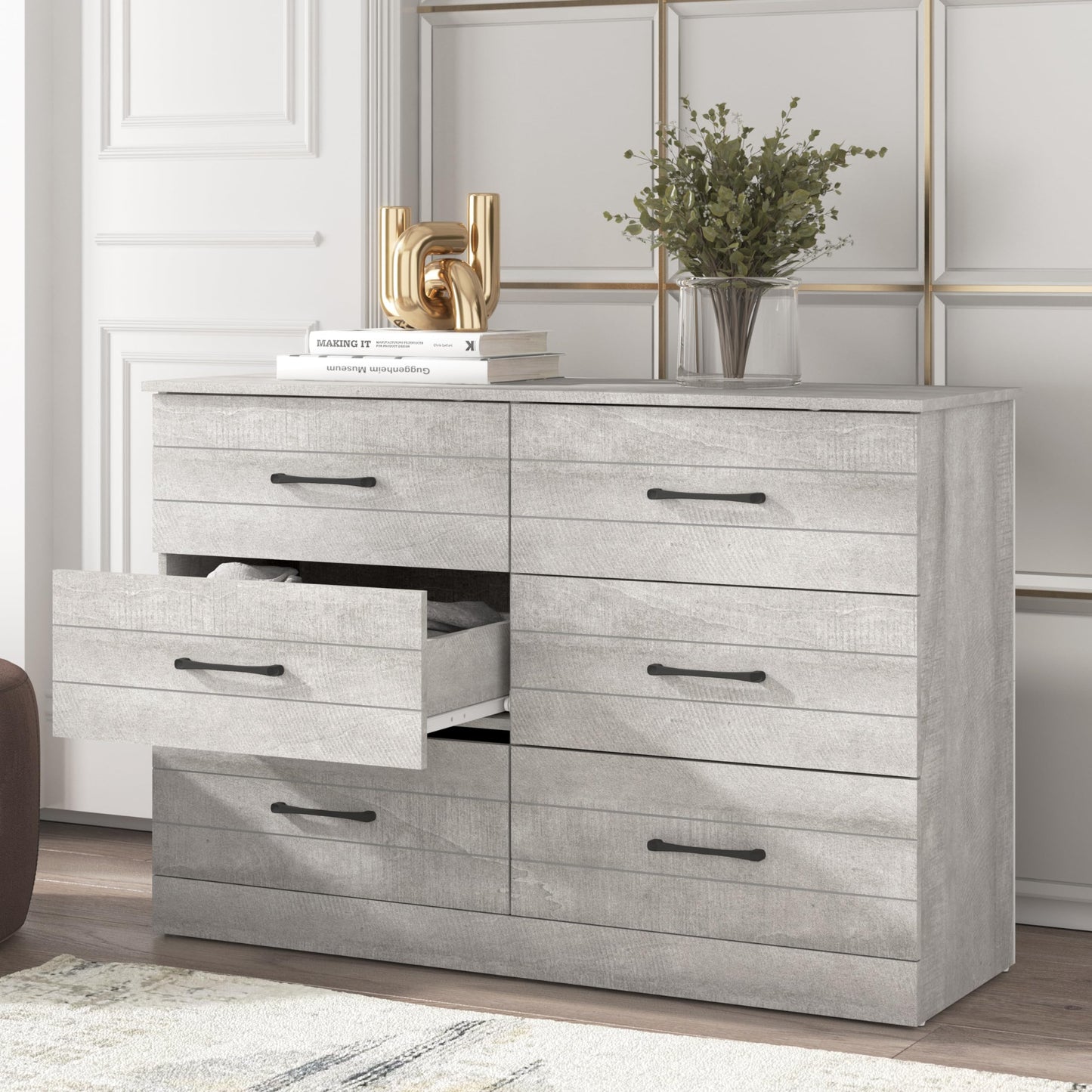 Galano Elis 6 Drawer Dresser Wide Dressers for Bedroom 6 Deep Drawers for Closet Organizer Tool-Less Ultra Fast Assembly with Interlock Drawer Feature Dusty Grey Oak