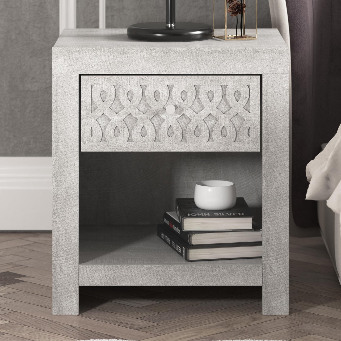 Galano Lavish Nightstand Modern Side End Table with Storage for Living Room, Bedroom and Small Spaces, Bedside Tables with Solid Wood Legs, Easy Assembly, Dusty Grey Oak