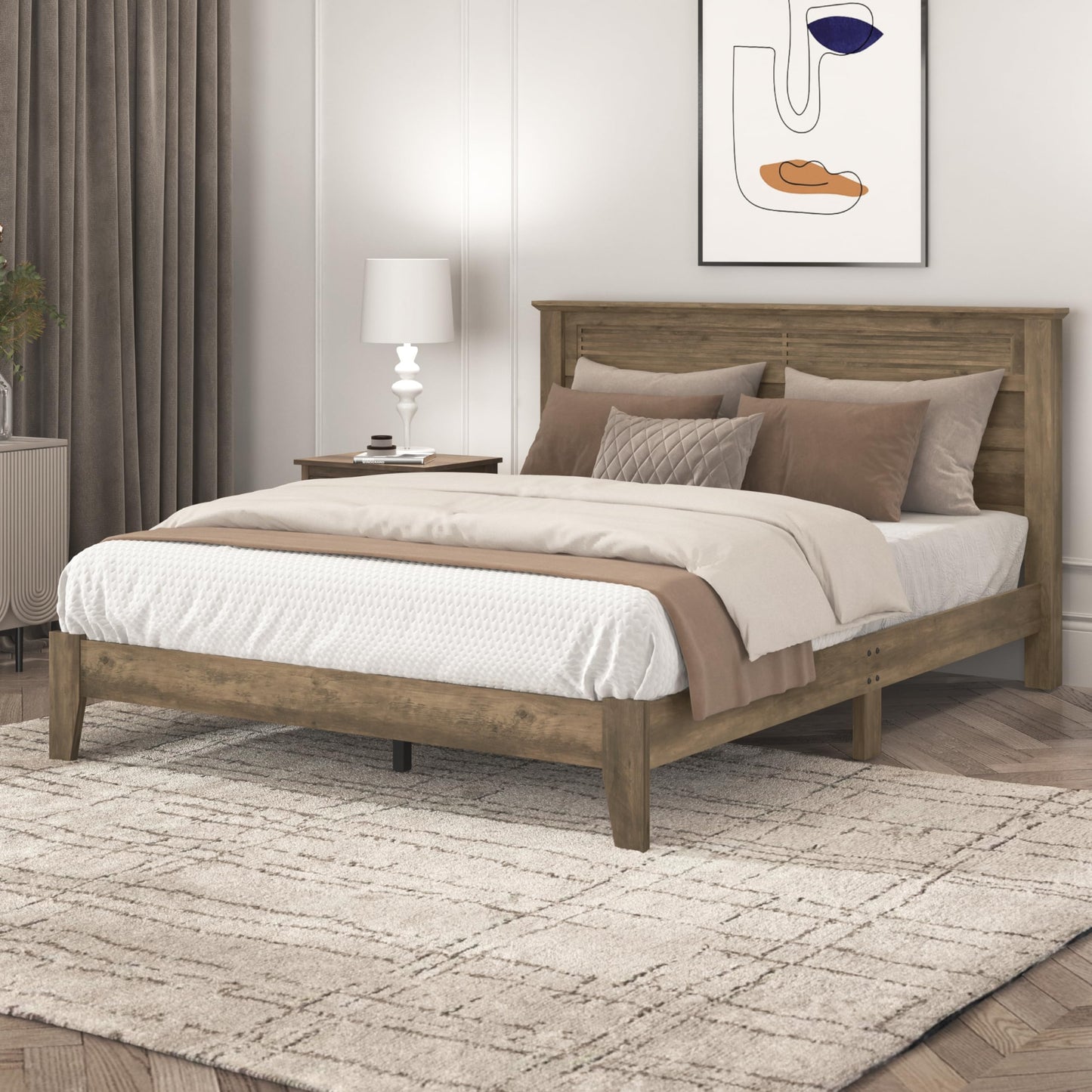 Galano Tiena Louvered Wood Platform Queen Bed Frame with Headboard, Mattress Foundation with Wood Slat Support, No Box Spring Needed, Easy Assembly, Knotty Oak